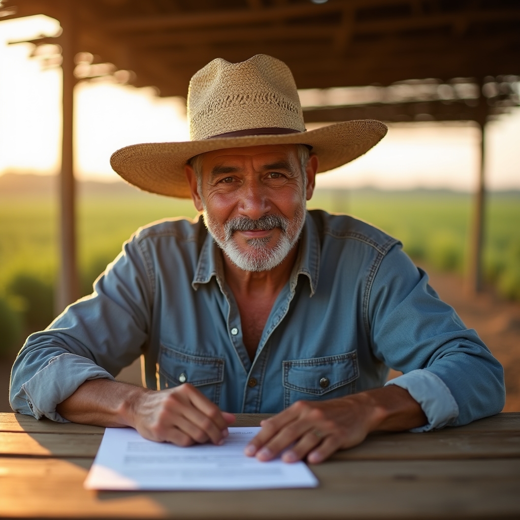 Mexican farmer reviewing financial documents at a table