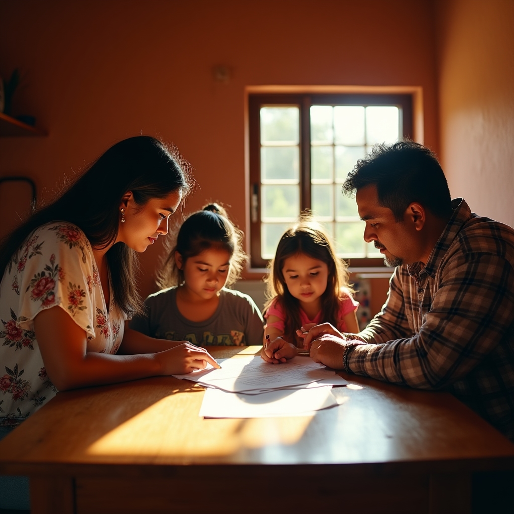 Rural family in Mexico reviewing financial information together at home